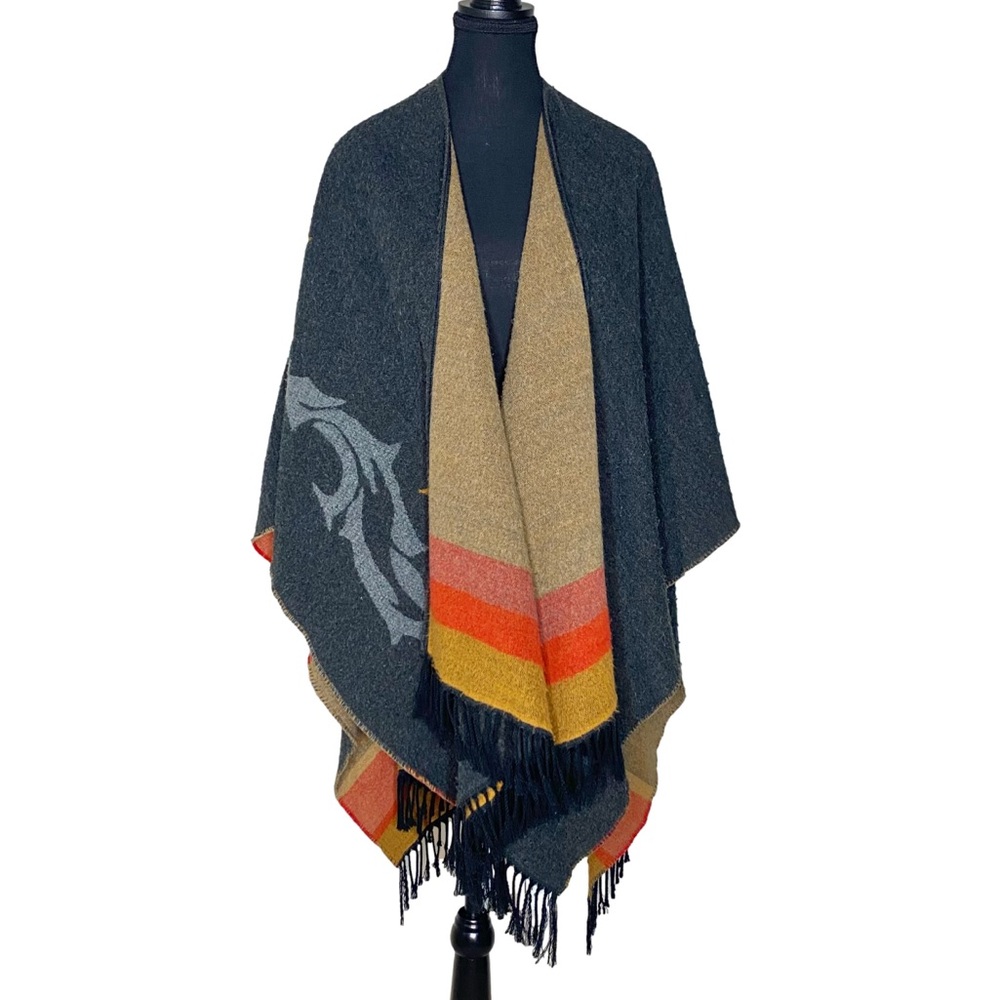 Reversible Blanket Poncho Stars Shawl Fringe Made In France Western Boho